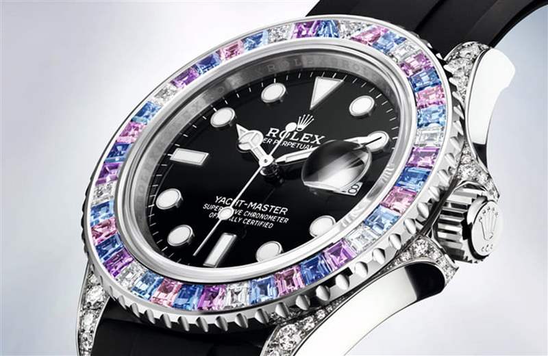 Rolex Yacht-Master彩虹圈手表表殼鑲上彩色寶石、鉆石低調奢華-復刻表