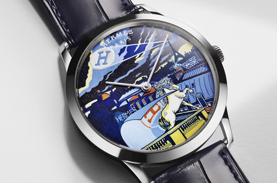 愛馬仕Slim d'Hermès工藝表把虛構超級英雄微繪在砂金石面盤上-復刻表